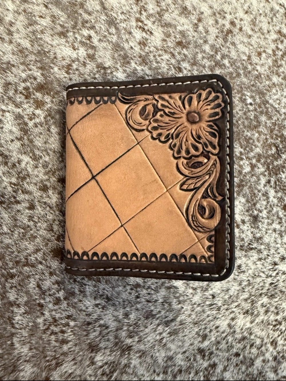 Handtooled Tan and Dark Brown Leather Bifold Wallet - Floral Design